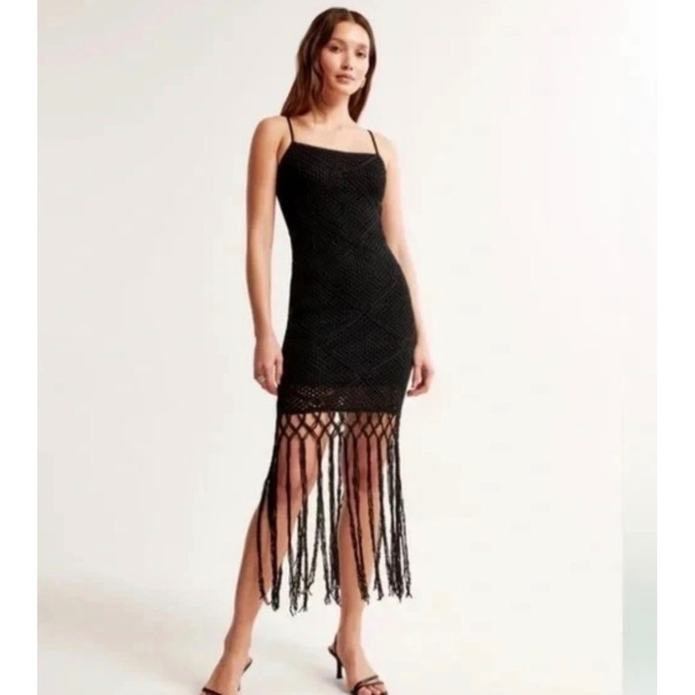 Abercrombie & Fitch Crochet Fringe Midi Dress Black medium Diamond Knitâ Boho